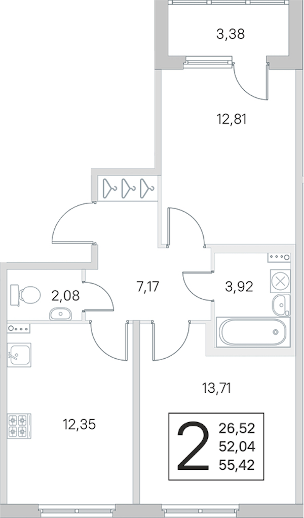 2-комнатная квартира 52.04 м², 1/4 эт., ЖК «Любоград в Стрельне»